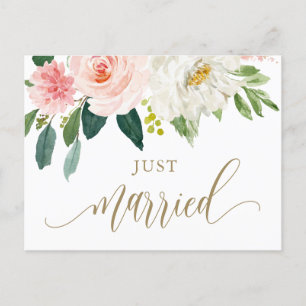 Carte Postale Aquarelle rose vif Fleurs Or Juste Marié