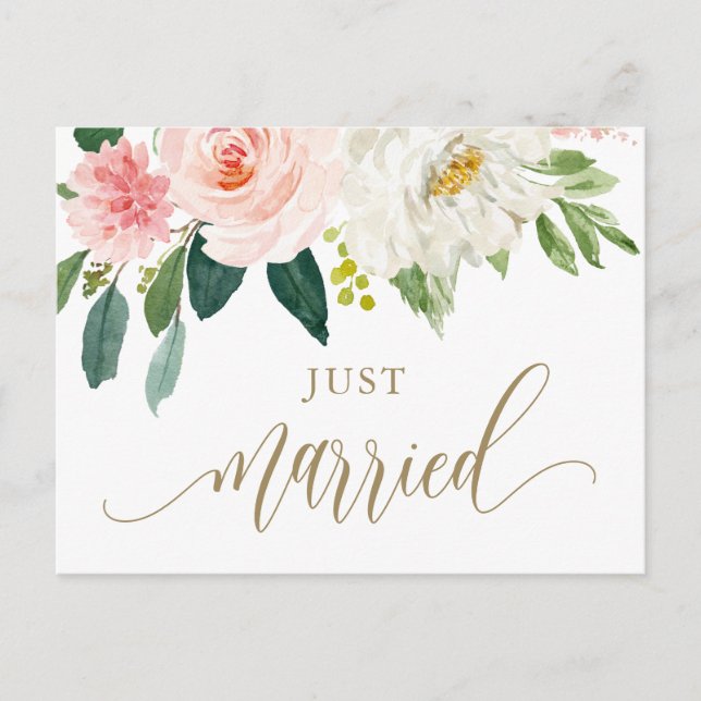 Carte Postale Aquarelle rose vif Fleurs Or Juste Marié (Devant)