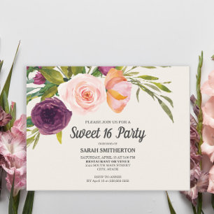 Carte Postale Aquarelle rose violet Aquarelle fleurie ivoire dou