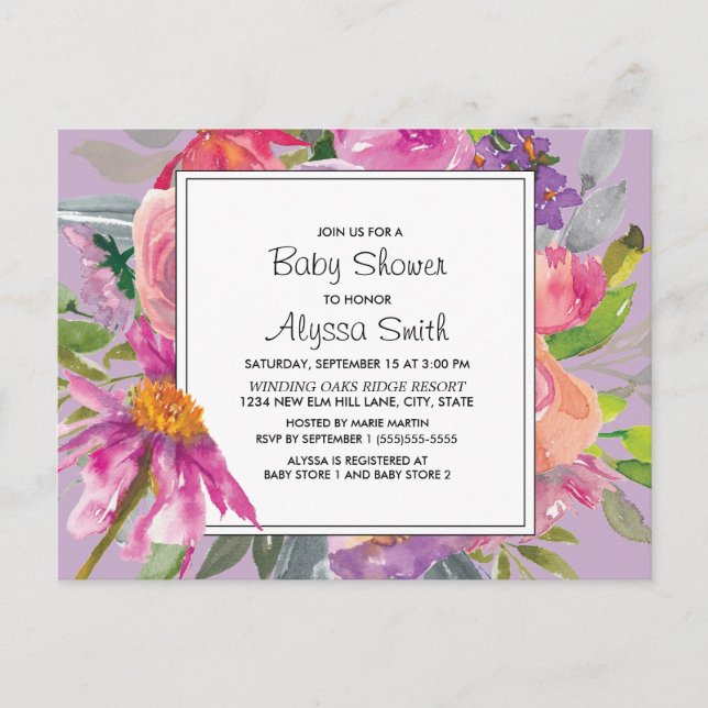 Carte Postale Aquarelle rose violet Baby shower Floral (Devant)
