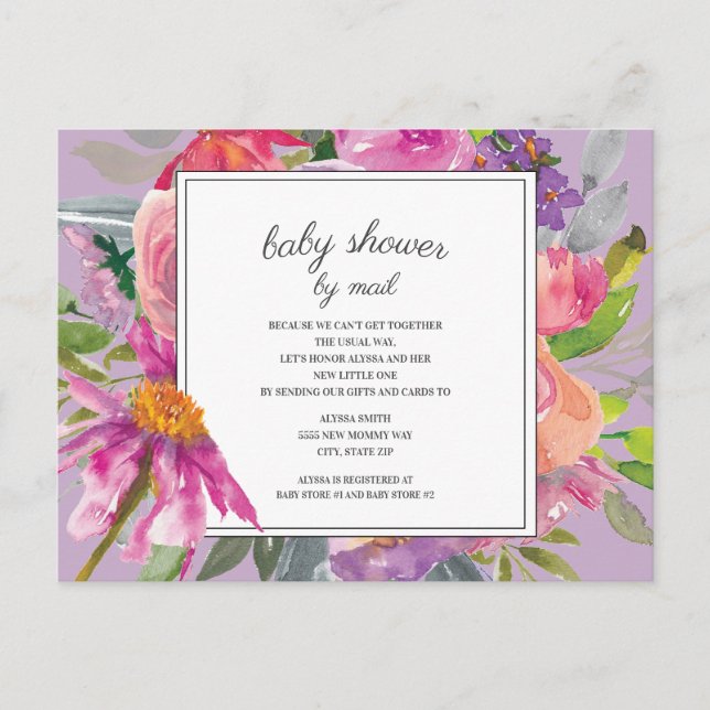 Carte Postale Aquarelle rose violet Baby shower floral par courr (Devant)