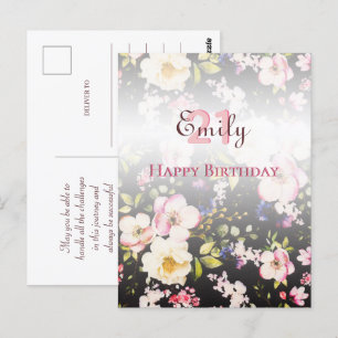 Carte Postale Aquarelle Roses rose et jaune sur Noir, Anniversai