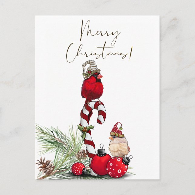 Carte Postale Aquarelle rouge cardinale Oiseau Noël d'hiver (Devant)