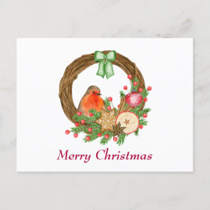 Carte Postale Aquarelle rouge Robin et couronne rustique de Noël