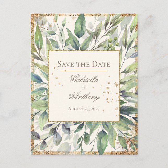 Carte Postale Aquarelle Rustique Gold Green Enregistrer la date (Devant)
