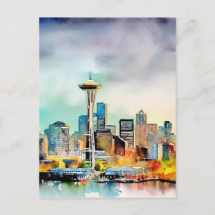 Carte Postale Aquarelle Seattle Washington City Skyline