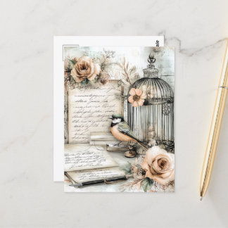 Carte Postale Aquarelle Shabby Chic Bird & Cage