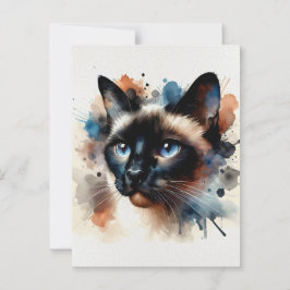 Carte Postale Aquarelle Siamese Chat Portrait coloré