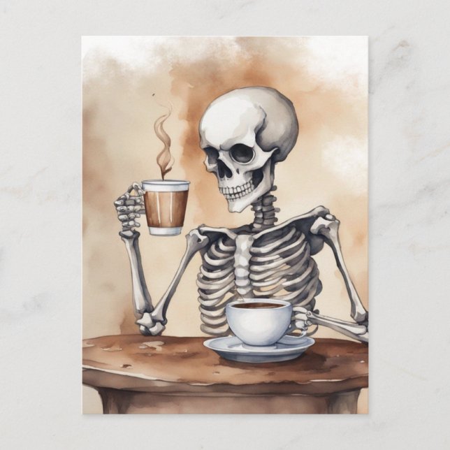 Carte Postale Aquarelle Skeleton savoure du café (Devant)
