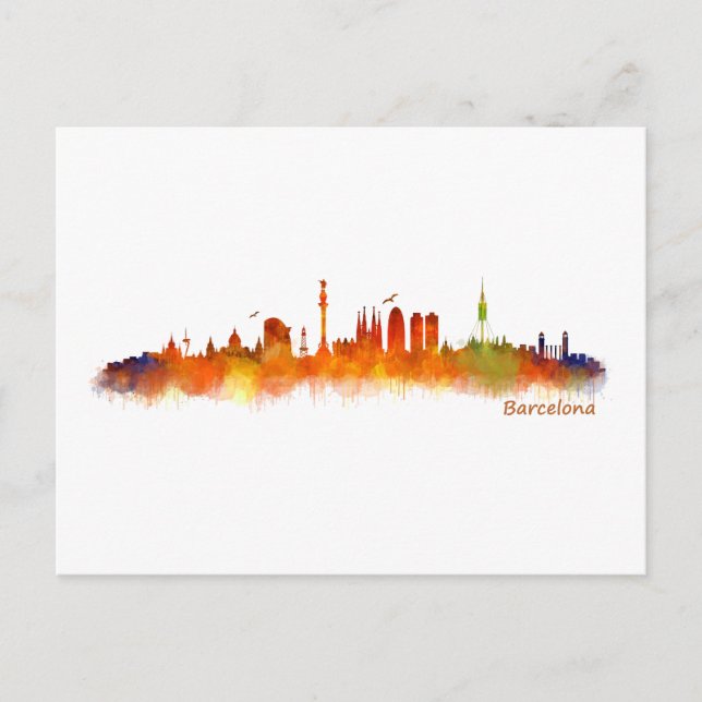 Carte Postale Aquarelle Skyline de Barcelone v02 (Devant)