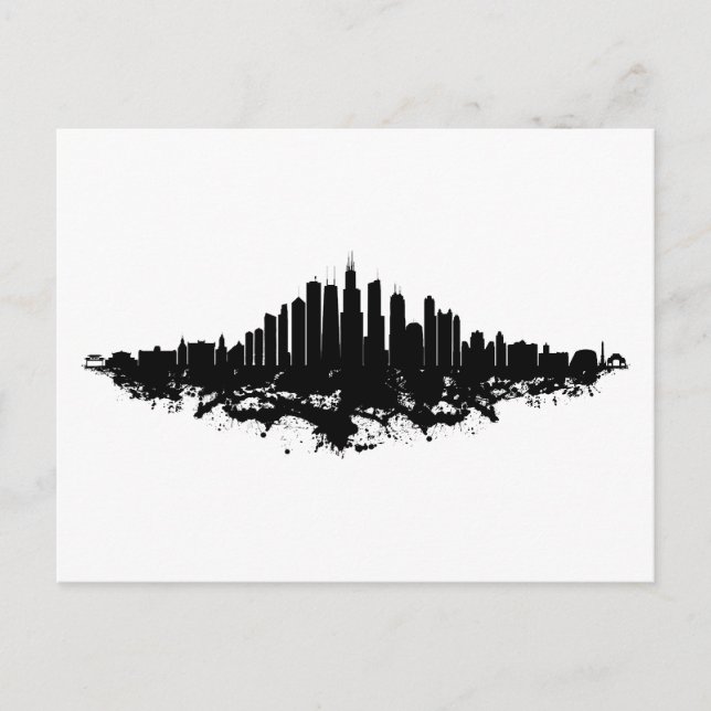 Carte Postale Aquarelle Skyline de Chicago noir et blanc (Devant)
