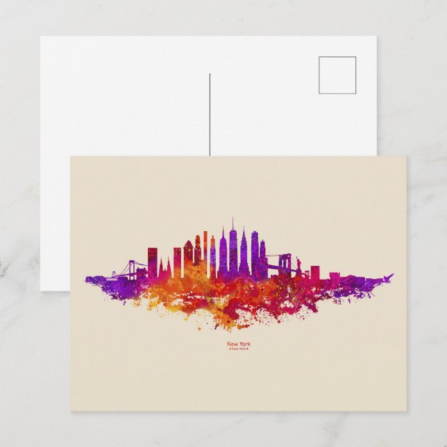 Carte Postale Aquarelle Skyline de New York en blanc (Devant / Derrière)