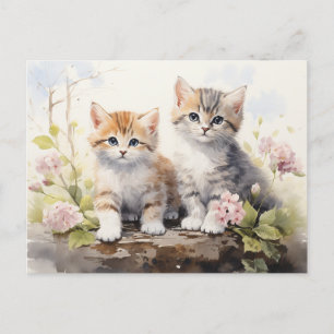 Carte Postale Aquarelle Springtime Kittens Geraniums rose