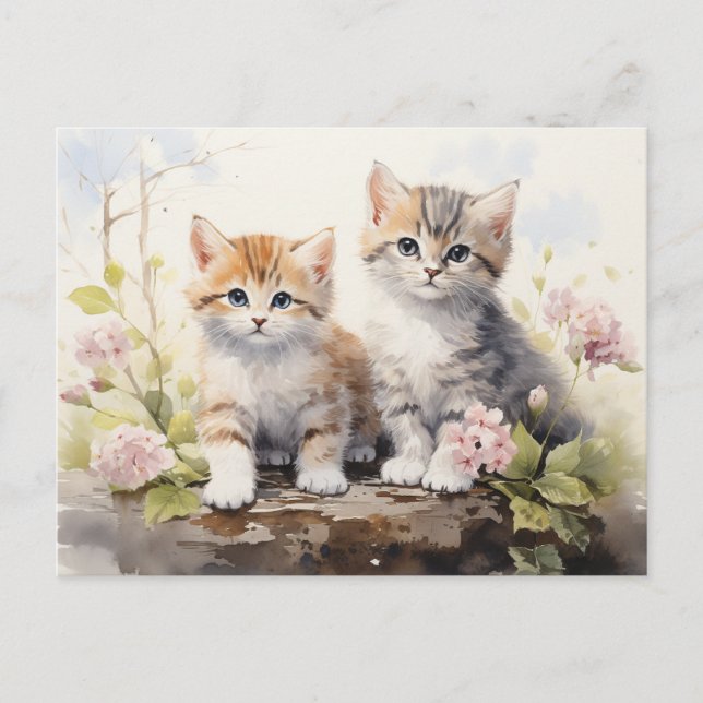 Carte Postale Aquarelle Springtime Kittens Geraniums rose (Devant)