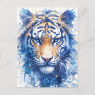 Carte Postale Aquarelle Tigre aux Yeux Bleus Majestueux