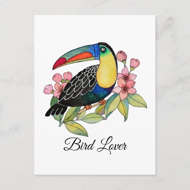 Carte Postale Aquarelle Toucan Bird Avec Fleurs (Devant)