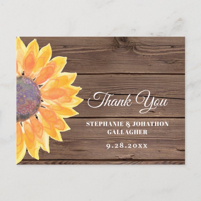 Carte Postale Aquarelle Tournesol Grange Merci en bois (Devant)
