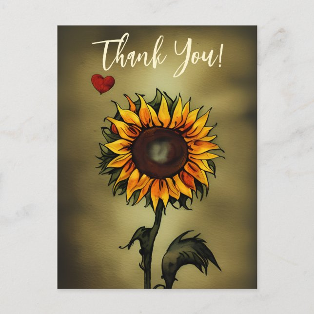 Carte Postale Aquarelle Tournesol Love Merci (Devant)