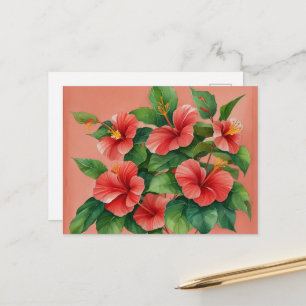 Carte Postale Aquarelle Tropical Hawaii Rouge Hibiscus