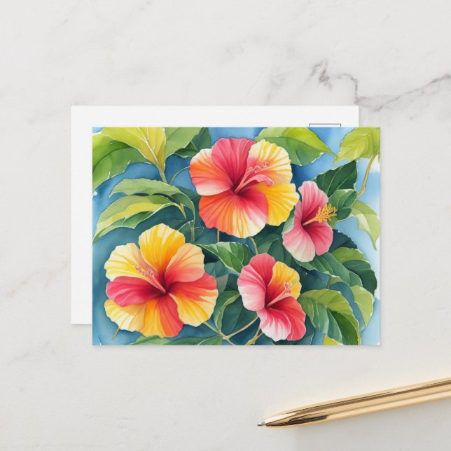 Carte Postale Aquarelle Tropical Hawaii Rouge Jaune Hibiscus (Devant/Arrière en situation)