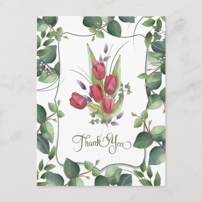 Carte Postale Aquarelle Tulipe Rouge Peinte à la Main Merci (Devant)