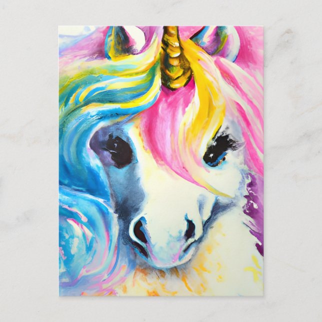 Carte Postale Aquarelle Unicorne arc-en-ciel (Devant)