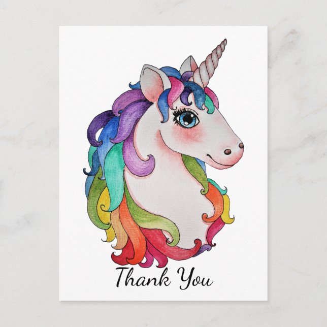 Carte Postale Aquarelle Unicorne avec cheveux arc-en-ciel (Devant)