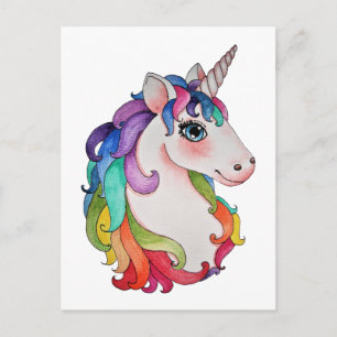Carte Postale Aquarelle Unicorne avec cheveux arc-en-ciel