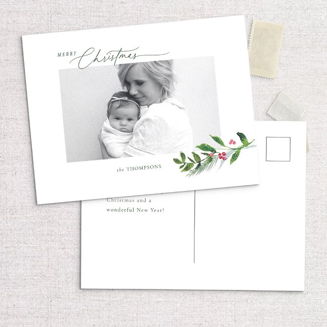 Carte Postale Aquarelle Végétation d'hiver Photo de Noël moderne (Créateur téléchargé)