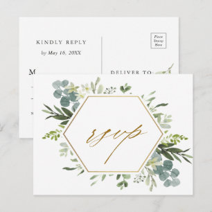 Carte Postale Aquarelle Verdure Or Hexagon Mariage RSVP