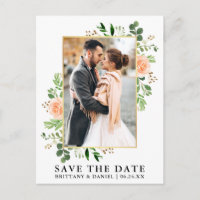 Aquarelle Verdure Pêcher Roses Enregistrer la date