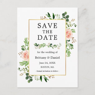 Carte Postale Aquarelle Verdure Rose Floral Enregistrer La Date