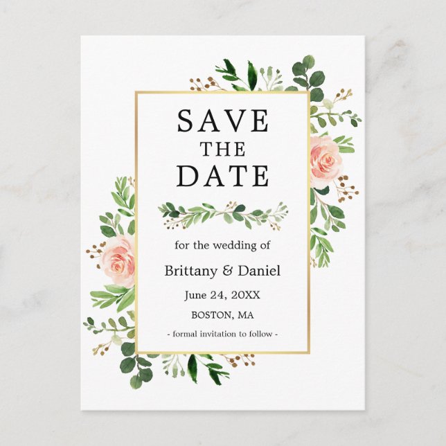 Carte Postale Aquarelle Verdure Rose Floral Enregistrer La Date (Devant)