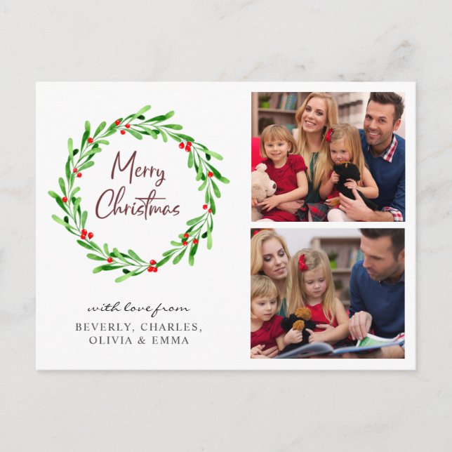 Carte Postale Aquarelle Verdure Wreath Noël Photo Holiday (Devant)