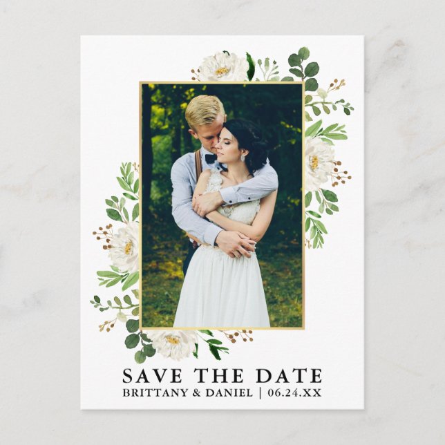 Carte Postale Aquarelle Vert Floral Blanc Enregistrer La Date (Devant)