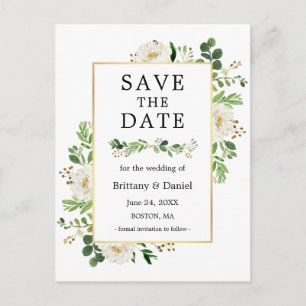 Carte Postale Aquarelle Vert Floral Blanc Enregistrer La Date