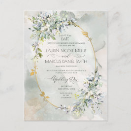 Carte Postale Aquarelle Vert Floral Or Ovale Frame Date Retard