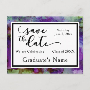 Carte Postale Aquarelle verte et violette Enregistrer la date