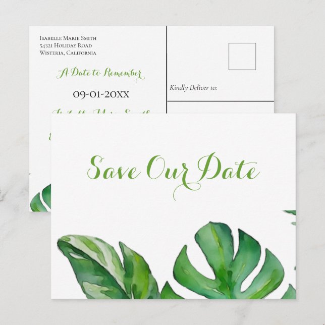 Carte Postale Aquarelle verte tropicale Monstera Enregistrer La  (Devant / Derrière)
