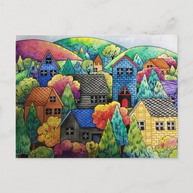 Carte Postale Aquarelle Village Sur La Colline Avec Maisons Colo (Devant)