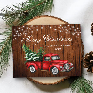 Carte Postale Aquarelle Vintage Camion Rouge Bois Luminants Noël