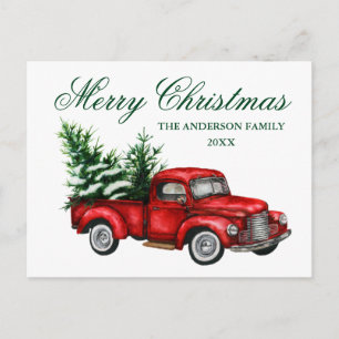 Carte Postale Aquarelle Vintage Camion rouge Joyeux Noël