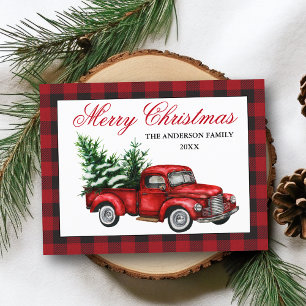 Carte Postale Aquarelle Vintage Camion rouge Joyeux Noël Plaid