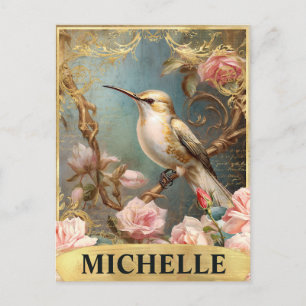 Carte Postale Aquarelle Vintage Colibri Blanc & Roses Roses Pink