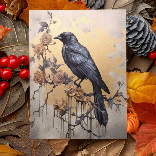Carte Postale Aquarelle vintage Goth Raven Gold Roses (Créateur téléchargé)