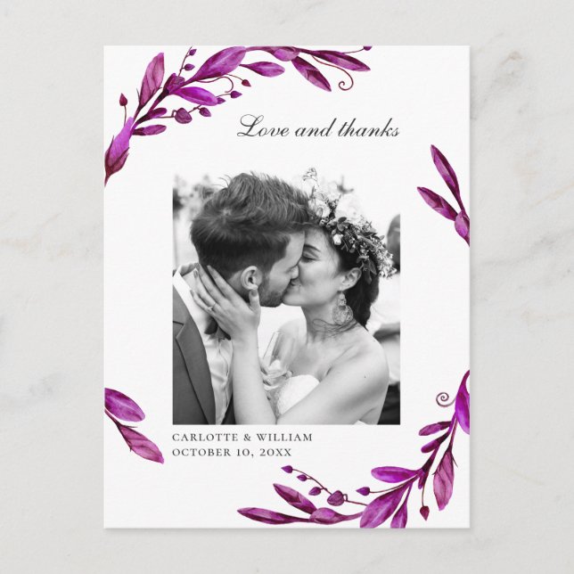 Carte Postale Aquarelle violet fleurs mariage photo merci (Devant)