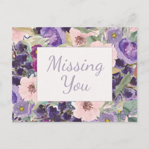 Carte Postale Aquarelle violet rose vif Floral Vous manquant