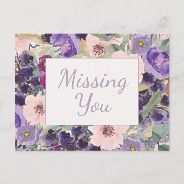 Carte Postale Aquarelle violet rose vif Floral Vous manquant (Devant)