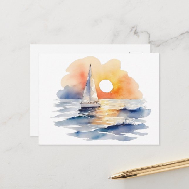 Carte Postale Aquarelle Voilier Voilier Nautique Coucher de sole (Devant/Arrière en situation)