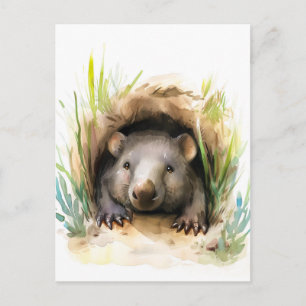 Carte Postale Aquarelle Wombat Peeking de Burrow